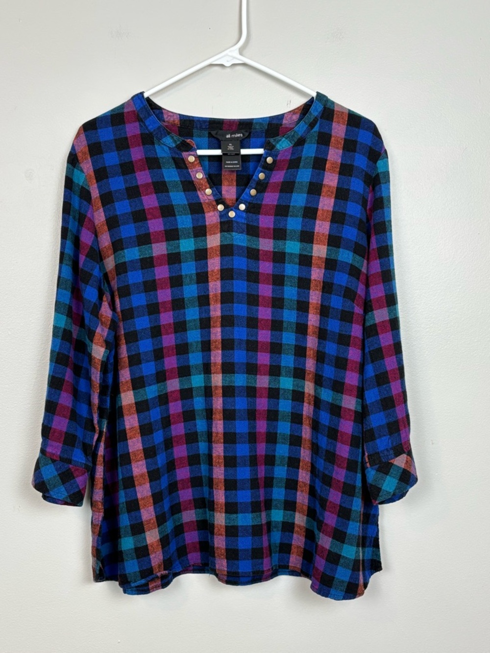 Ali Miles Top Womens XL Blue Green Multi Plaid Linen Blend V-Neck Studded Blouse